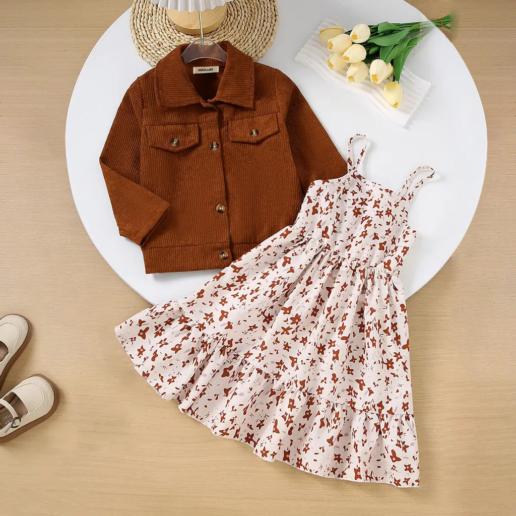Girls Brown corduroy Jacket With Floral Sleeveless Dress Coats & Jackets Brown 3-4 Y