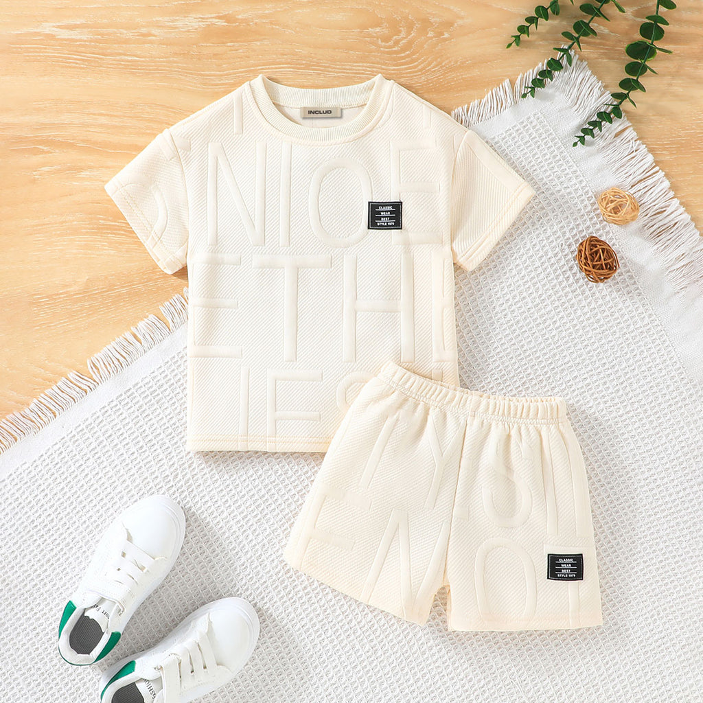 Boys Off White Self Typographic Designed T-Shirt With Shorts Summer Co-ord Set 2 pc. Sets Off White 3-4 Y
