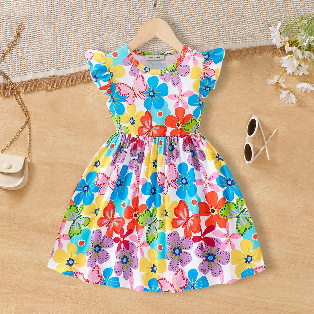 Girls Multicolor Floral Print Flared Sleeve Fit & Flare Dress Casual Dresses Multicolor 3-4 Y