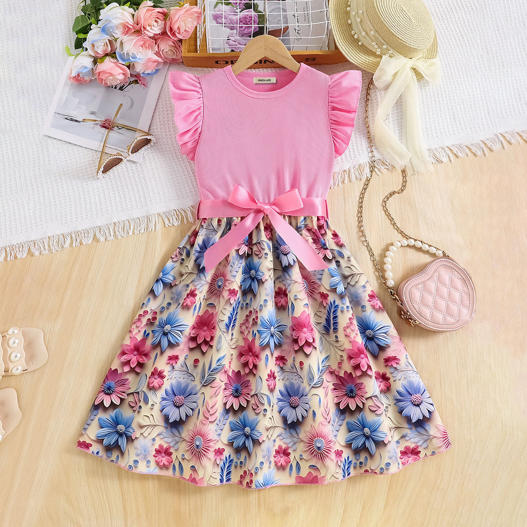 Girls Pink Floral Printed Flutter Sleeves Fit And Flared Midi Casual Dress Casual Dresses Pink 3-4 Y