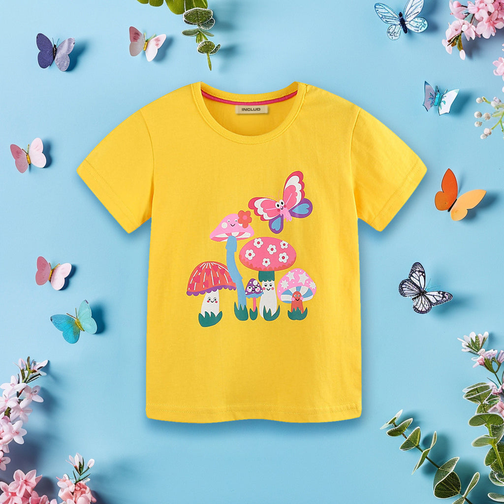 Girls Butterfly Printed Short Sleeves T-Shirt Tshirts Yellow 1-2 Y 