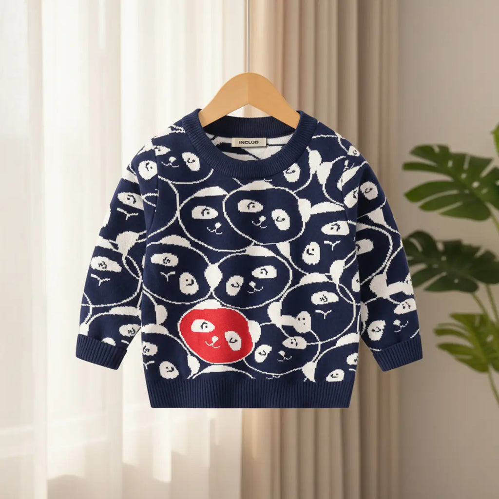 Boys Navy Blue Self-Design Allover Panda Pattern Knitted Sweater Sweaters & Cardigans Navy Blue 1-2 Y