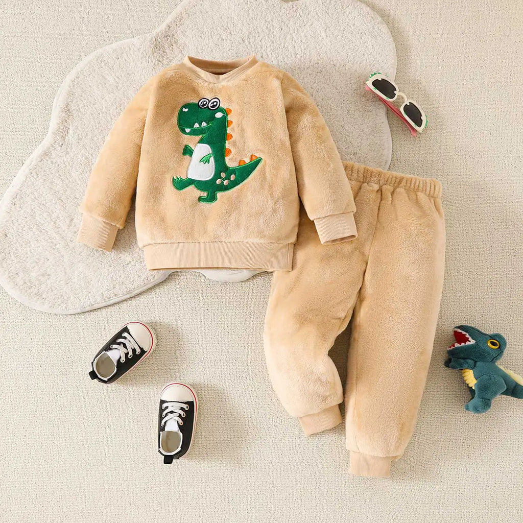 Boys Beige Dinosaur Embroidered Sweatshirt With Jogger Co-ord Set 2 pc. Sets Beige 1-2 Y
