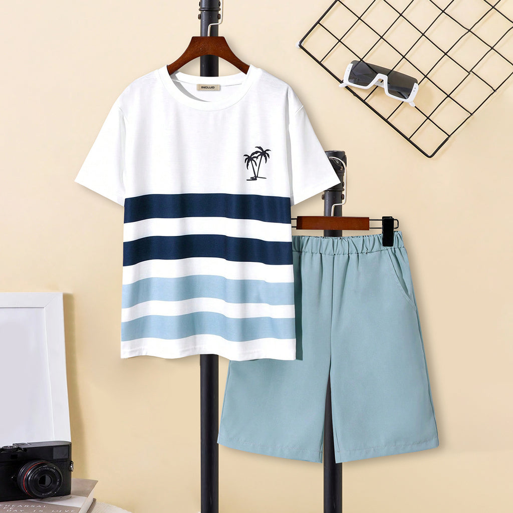 Boys White Striped Short Sleeves Printed T-Shirt With Cross Pockets Shorts Set 2 pc. Sets White 7-8 Y
