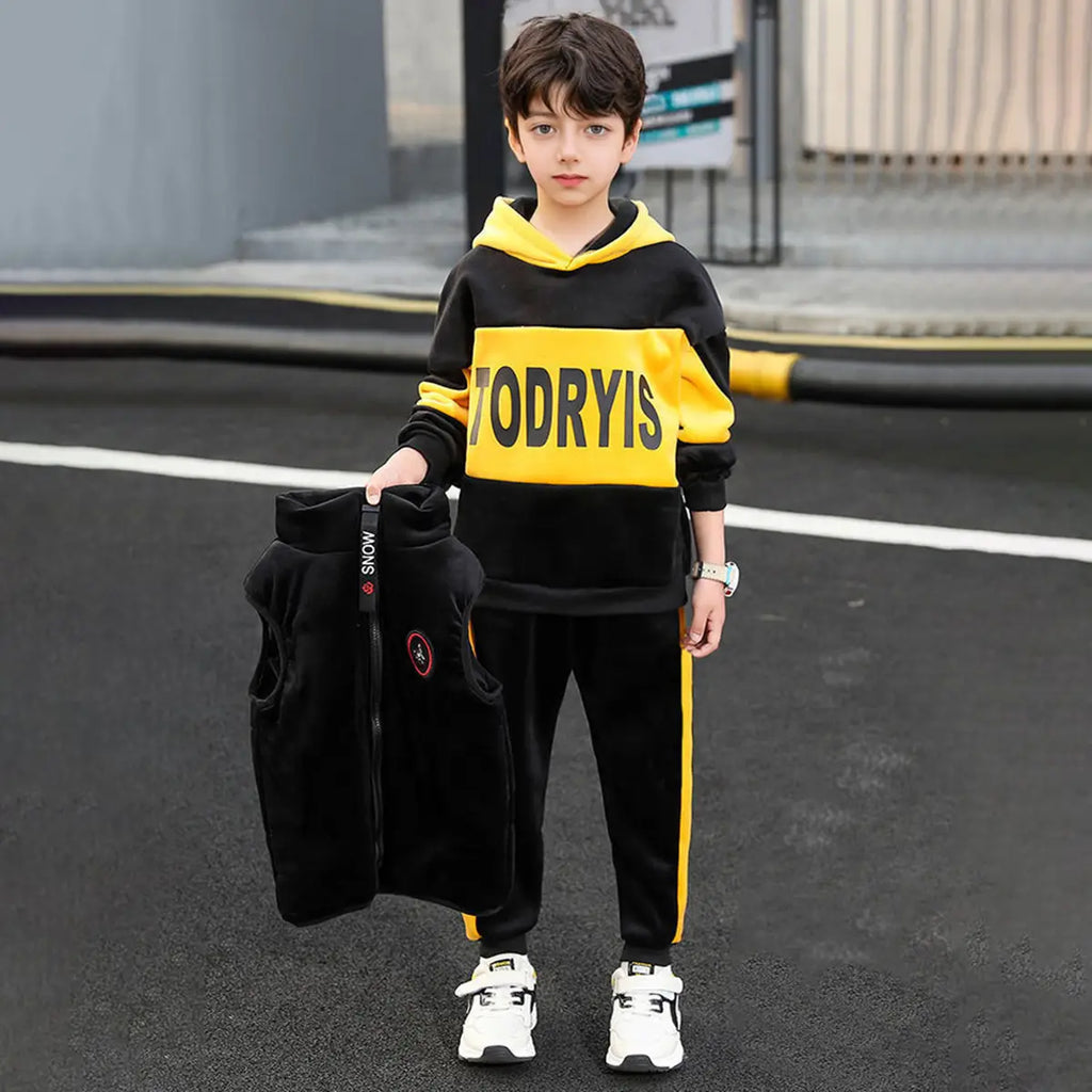 Boys Yellow Typographic Printed Hooded Sweatshirt With Vest & Jogger Sets Sets Yellow 5-6 Y
