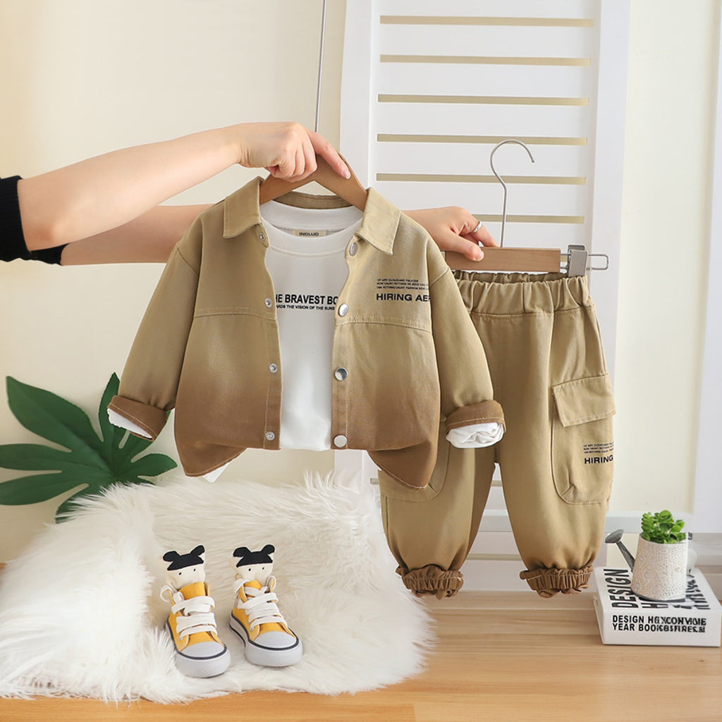 Boys Khaki Typographic Printed Shacket With T-Shirt and Pants Set 3 pc. Sets Khaki 1-2 Y