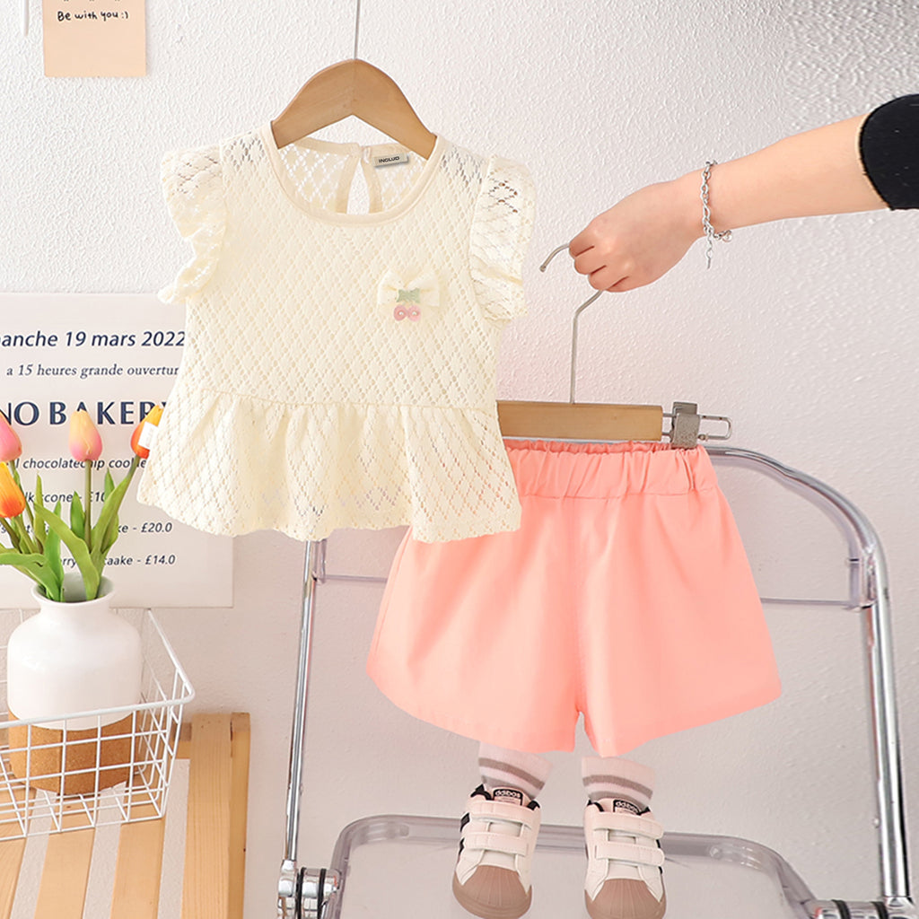 Girls Flutter Sleeves Textured Peplum Top With Pink Shorts Set 2 pc. Sets Pink 1-2 Y