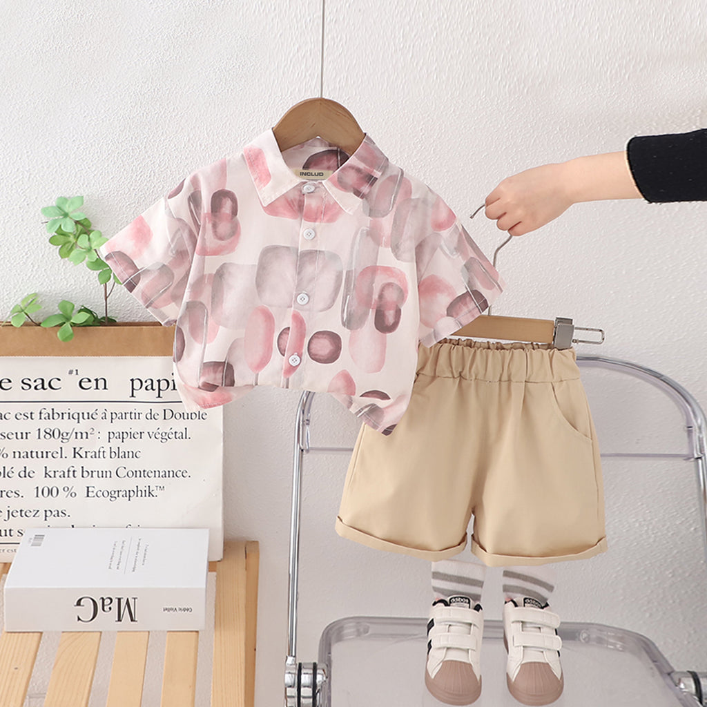 Boys Pink Short Sleeves Printed Shirt With Shorts Set 2 pc. Sets Pink 1-2 Y