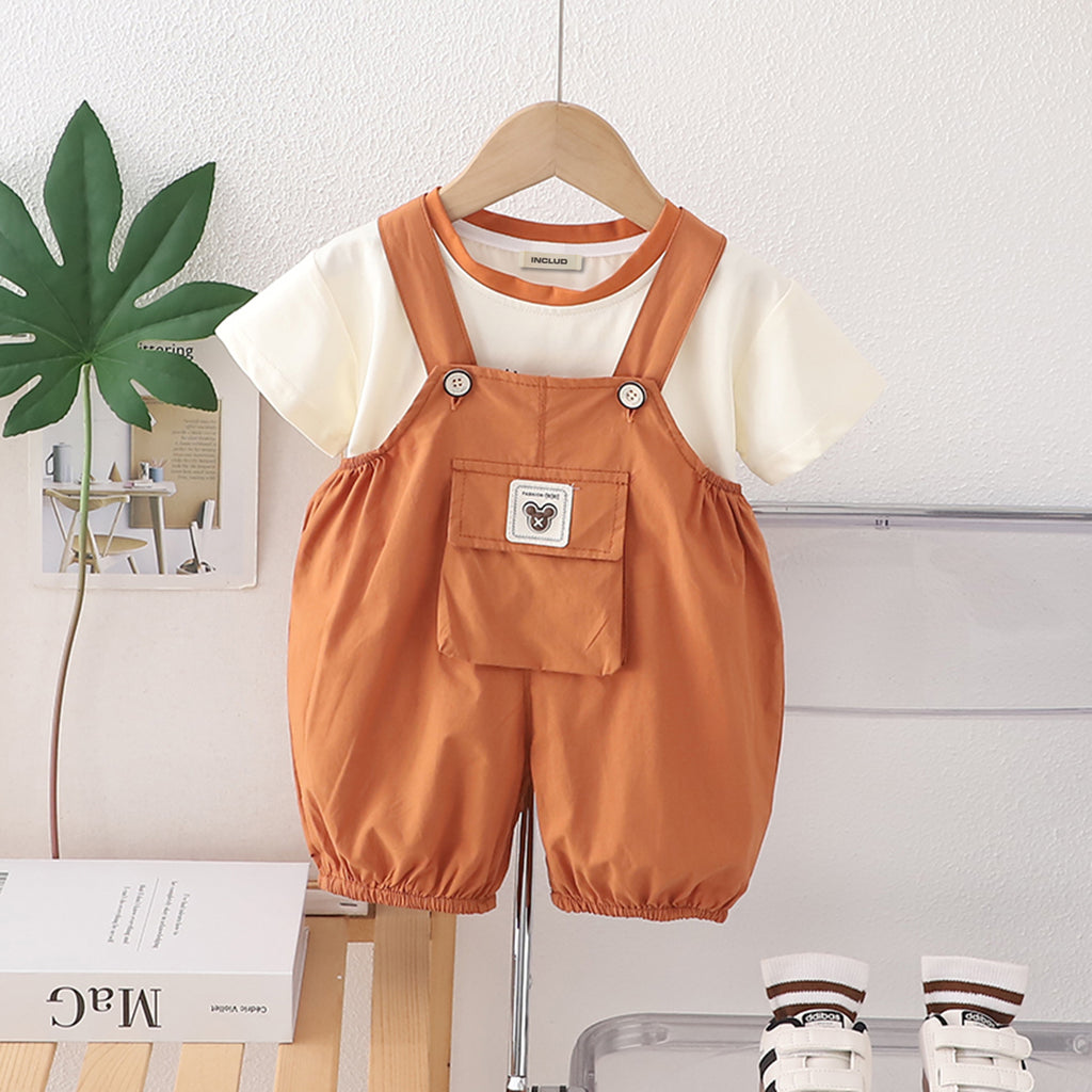 Boys Contrast Neck Band Short Sleeves T-Shirt With Orange Dungaree Set 2 pc. Sets Orange 1-2 Y