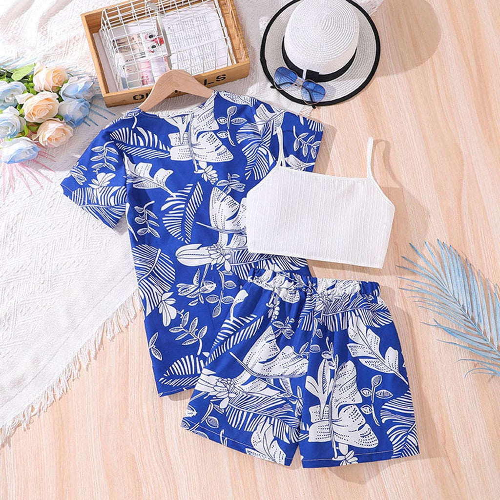 Girls Tropical Print Shirt With Camisole Top & Shorts Set 3 pc. Sets Blue 7-8 Y 