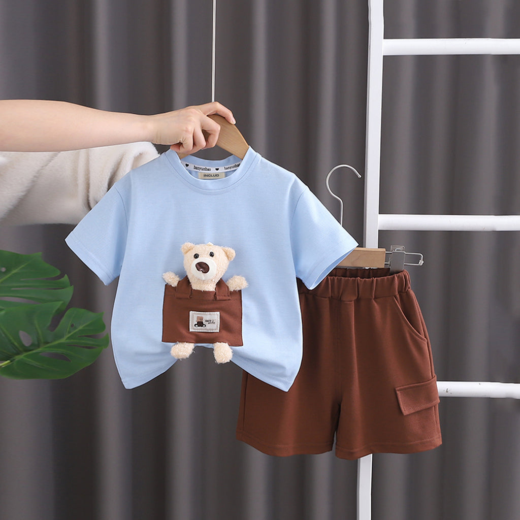 Boys Blue Teddy Applique Short Sleeve T-Shirt With Elasticated Shorts Set 2 pc. Sets Blue 1-2 Y
