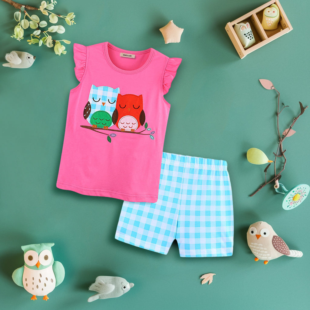 Girls Owl Patchwork Top with Checkered Shorts Set Sets Fuchsia 1-2 Y 