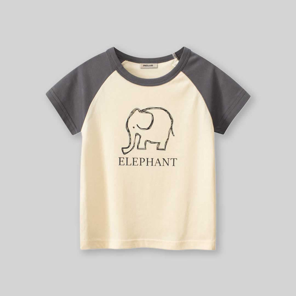 Boys Elephant Print Raglan Sleeves T-Shirt Tshirts Beige 1-2 Y 