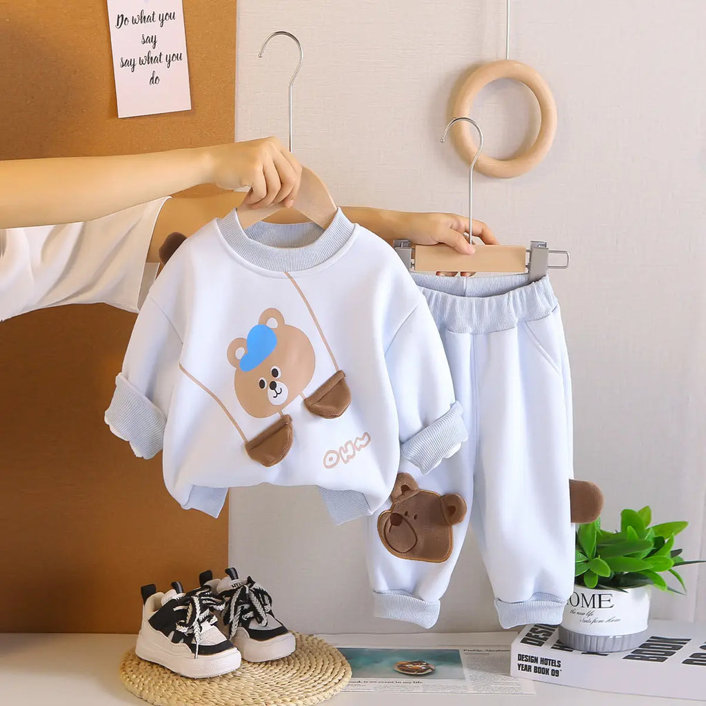 Boys Light Blue Bear Face Printed Sweatshirt With Jogger Sets Sets Light Blue 1-2 Y