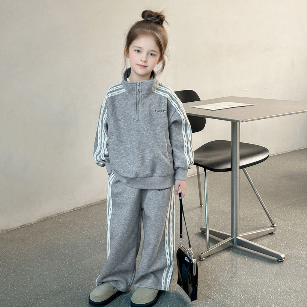 Girls Grey Solid Half Zipper Sweatshirt With Pants Winter Co-ord Set 2 pc. Sets Grey 5-6 Y
