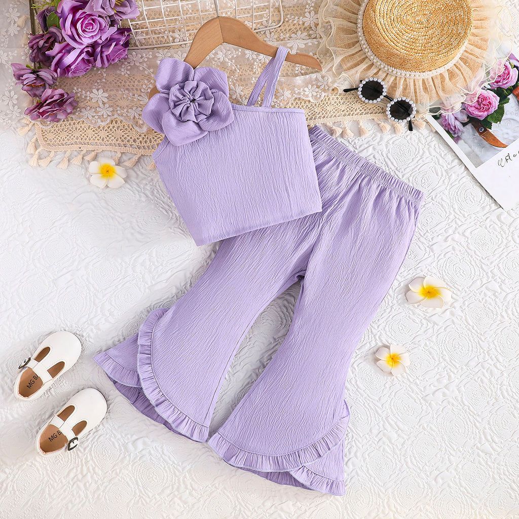 Girls Purple Textured One Shoulder Top With Flared Hem Pants Set 2 pc. Sets Purple 2-3 Y