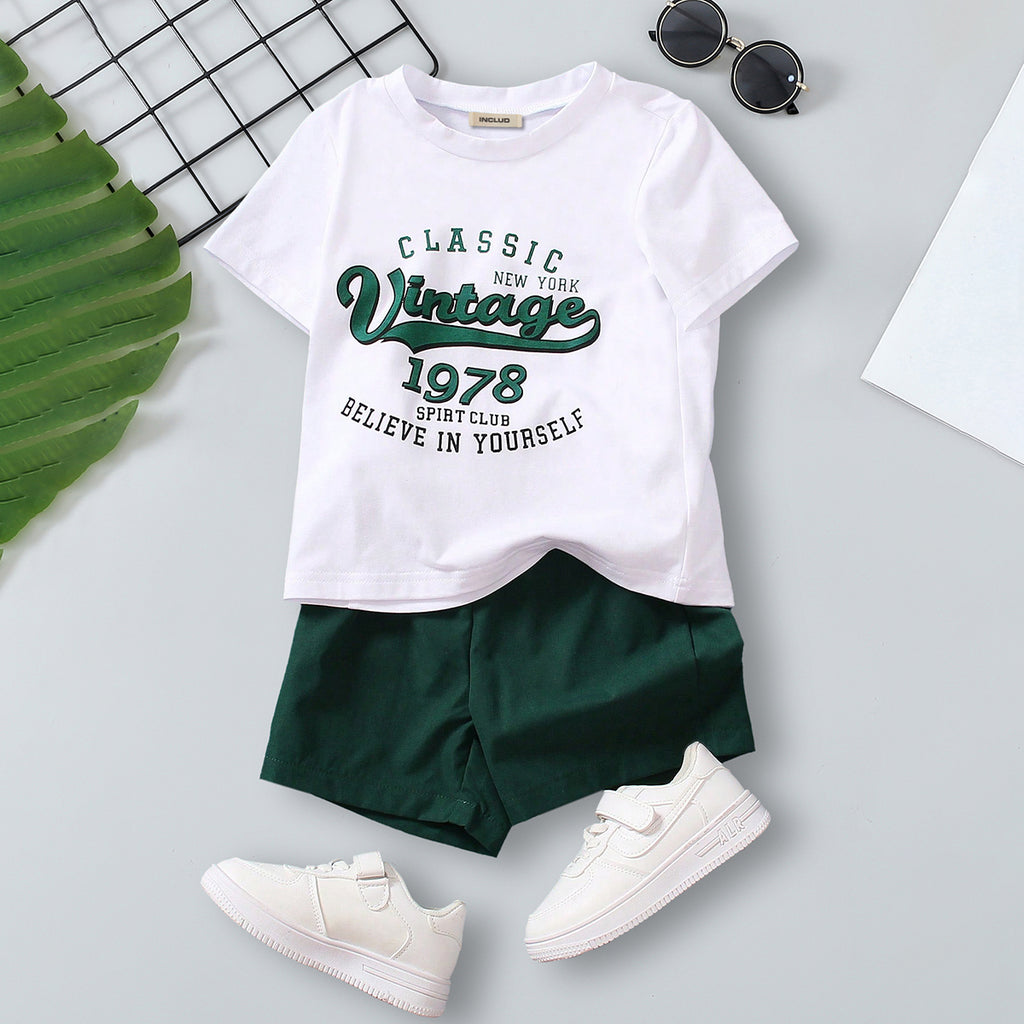Boys Alphanumeric Printed T-Shirt With Green Shorts Set 2 pc. Sets Green 3-4 Y