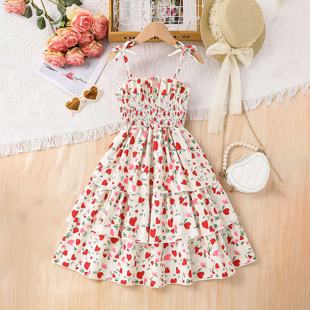 Girls Off White Heart Printed Fit & Flare Smocked Casual Dress Casual Dresses Off White 3-4 Y
