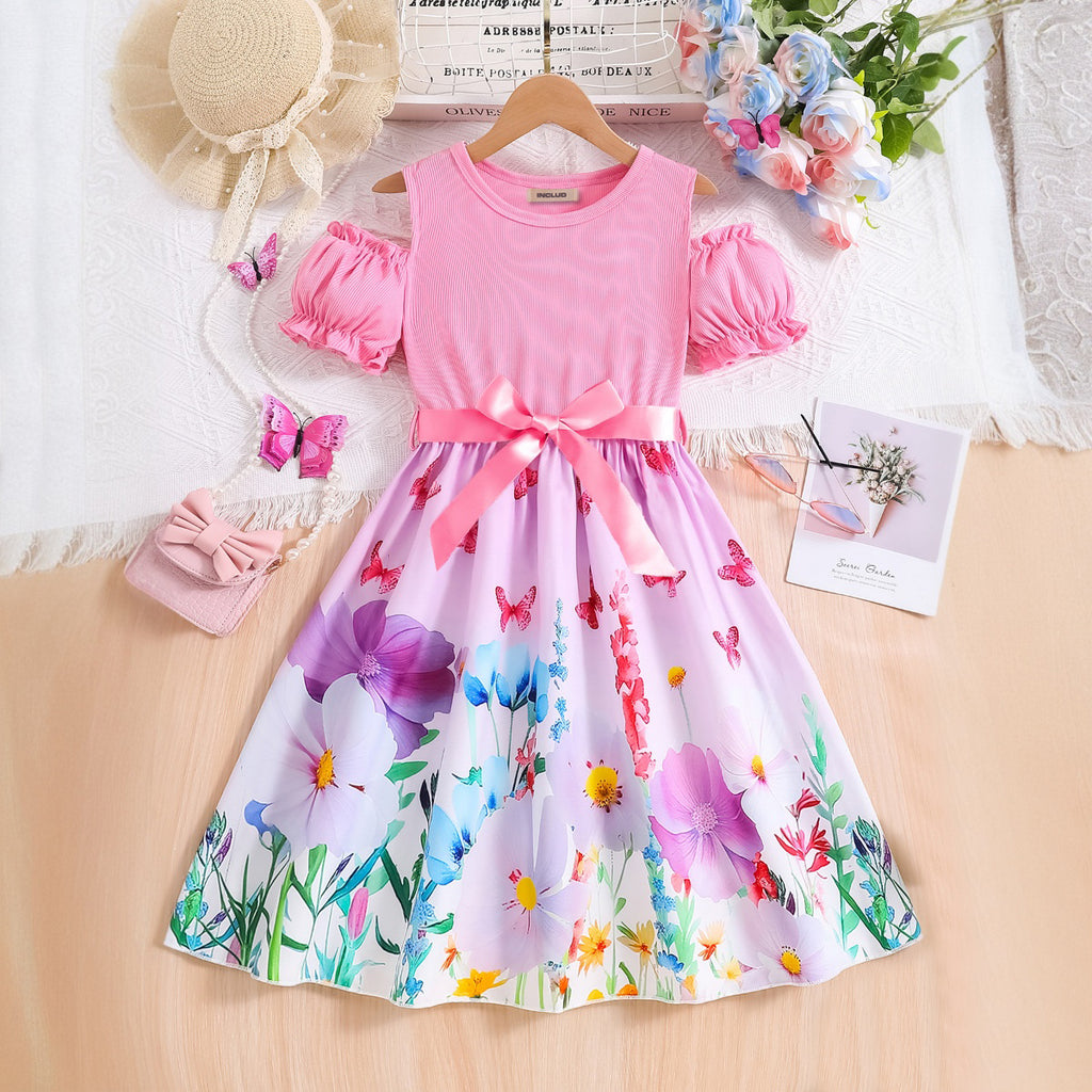 Girls Pink Floral Cold Shoulder Fit And Flared Midi Dress Casual Dresses Pink 3-4 Y