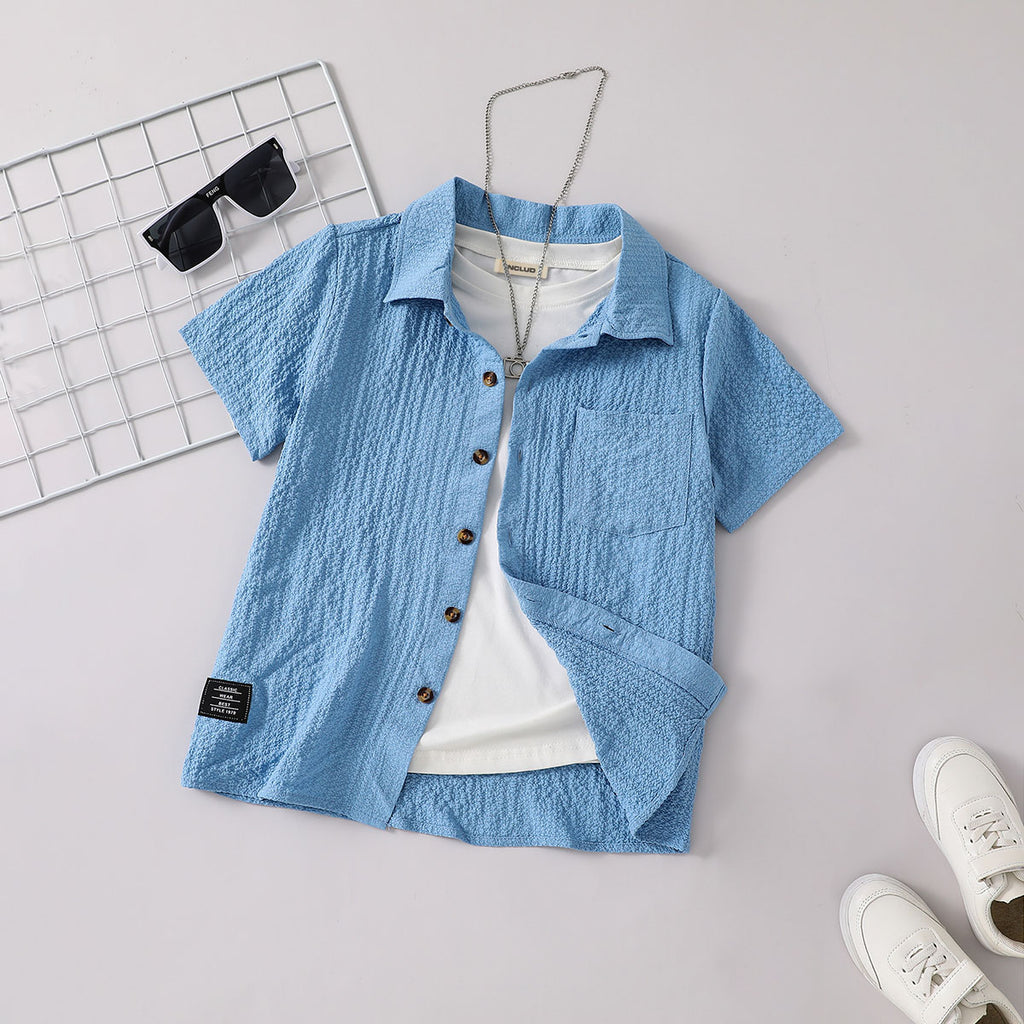 Boys Light Blue Textured Short Sleeves Shirt Shirts Light Blue 7-8 Y