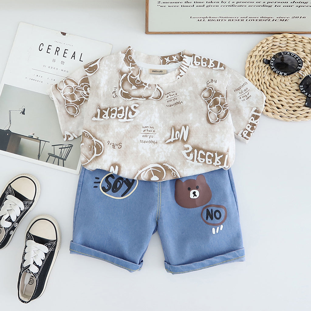 Boys Brown Typographic Printed Short Sleeves T-Shirt With Denim Shorts Set 2 pc. Sets Brown 1-2 Y