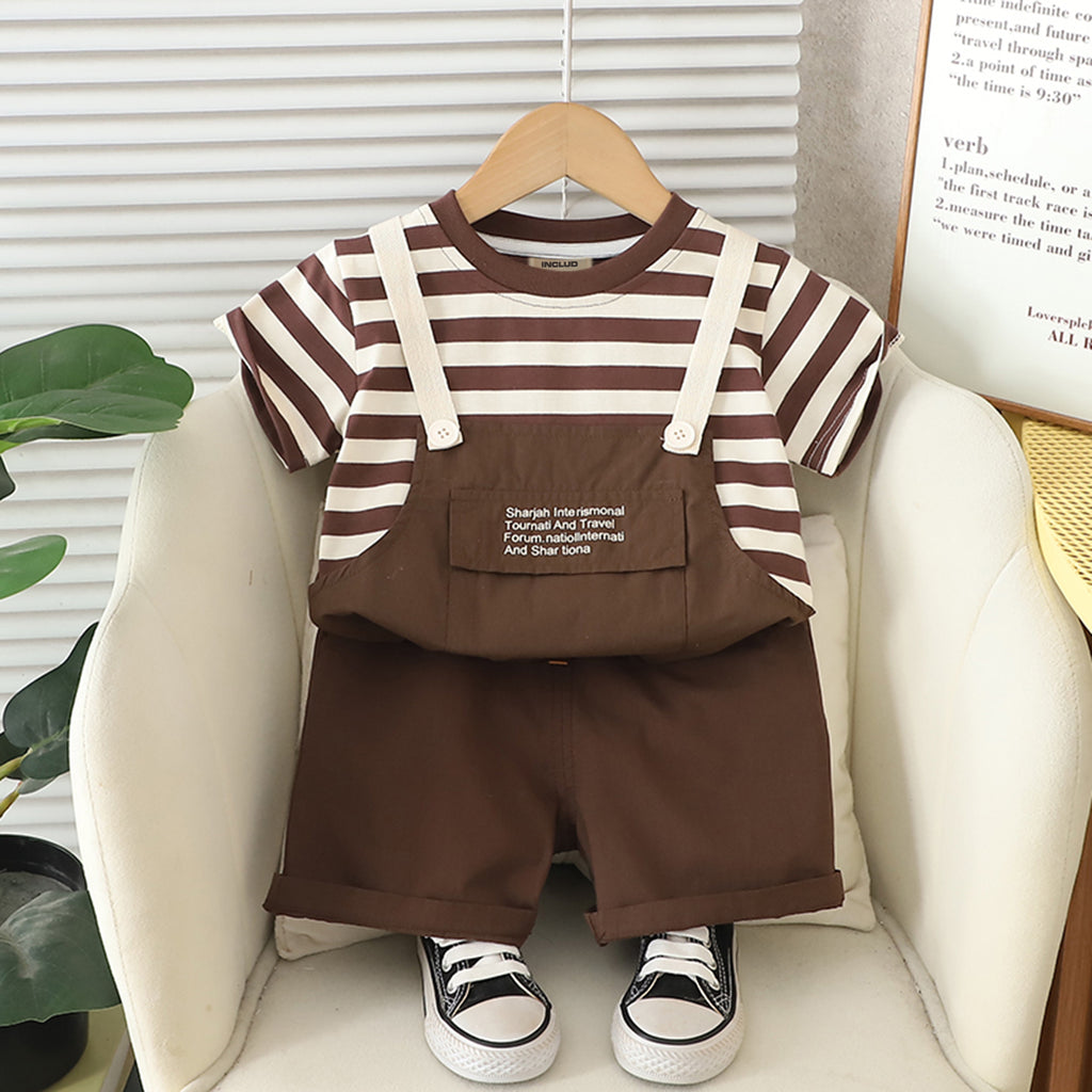 Boys Dark Brown Striped Kangaroo Pocket T-Shirt With Shorts Set 2 pc. Sets