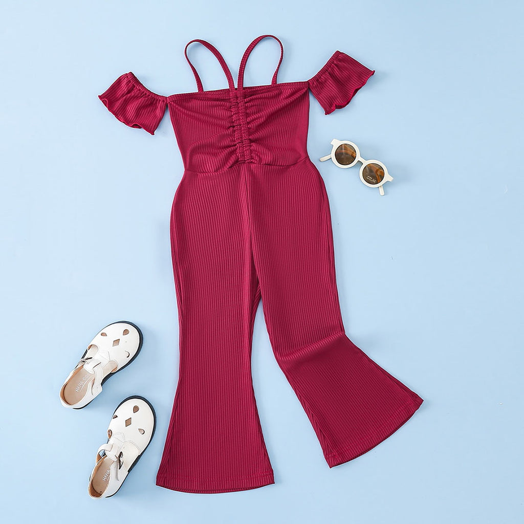 Girls Maroon Knitted Off-Shoulder Flared Jumpsuit Jumpsuits Maroon 1-2 Y