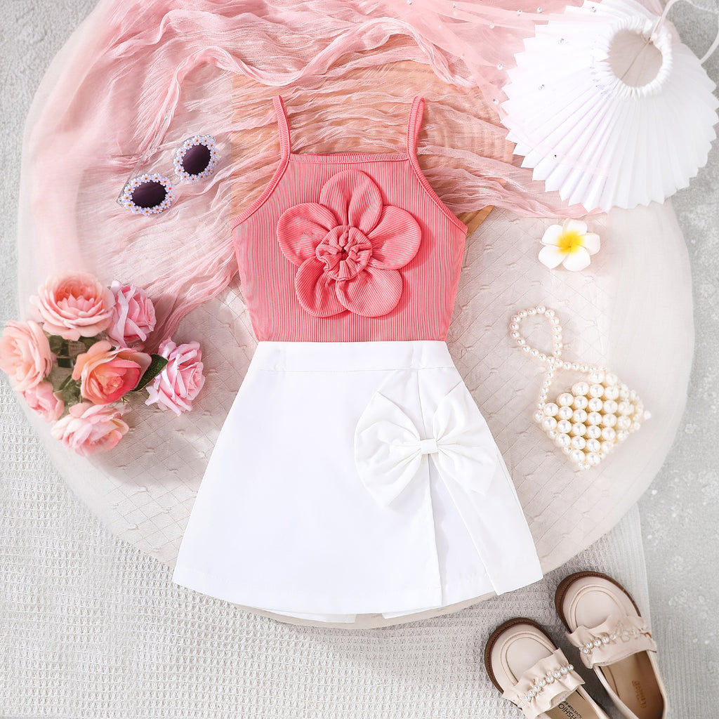 Girls Pink 3D Flower Spaghetti Top with Skort Set Sets