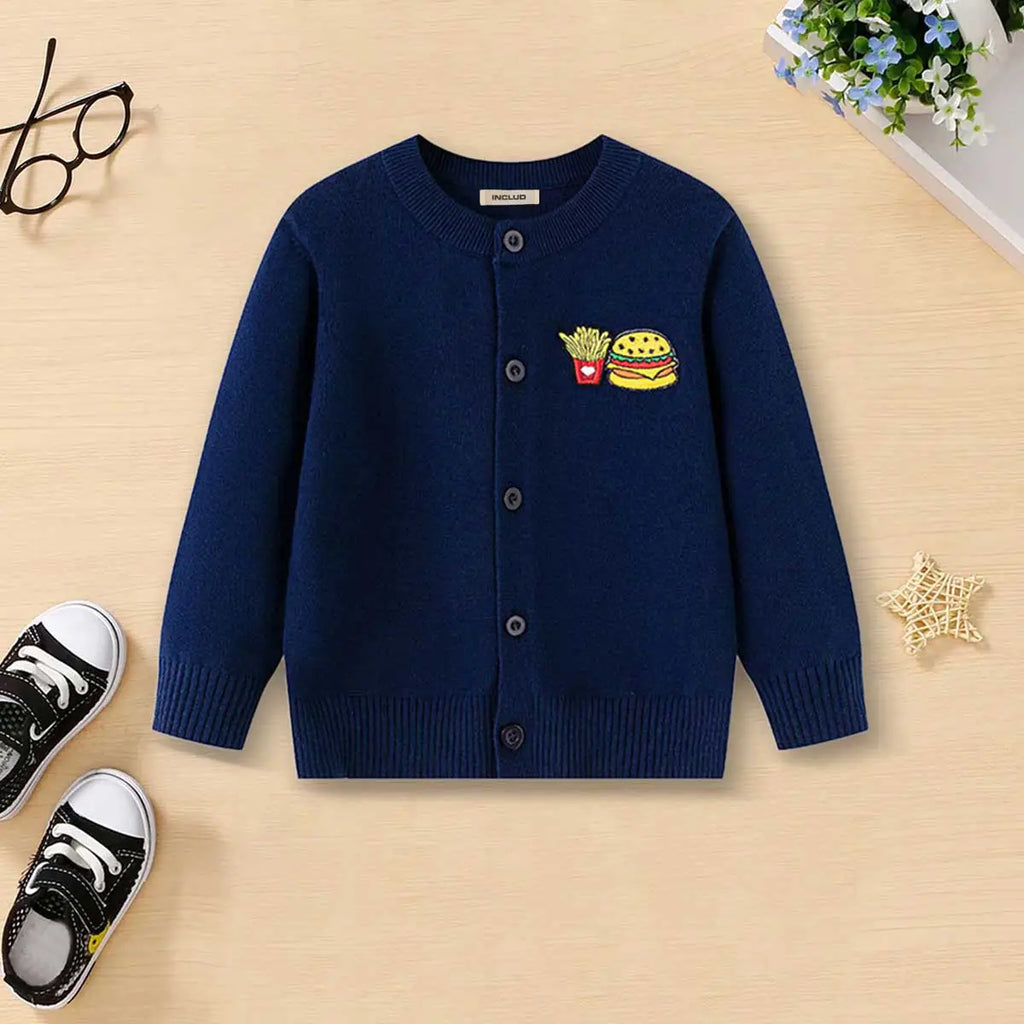 Girls Navy Blue Hamburger Embroidered Crewneck Cardigan Sweaters & Cardigans Navy Blue 2-3 Y