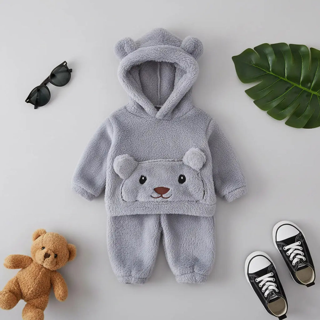 Boys Grey Fleece Bear Themed Hoodie With Jogger Sets Sets Grey 1-2 Y