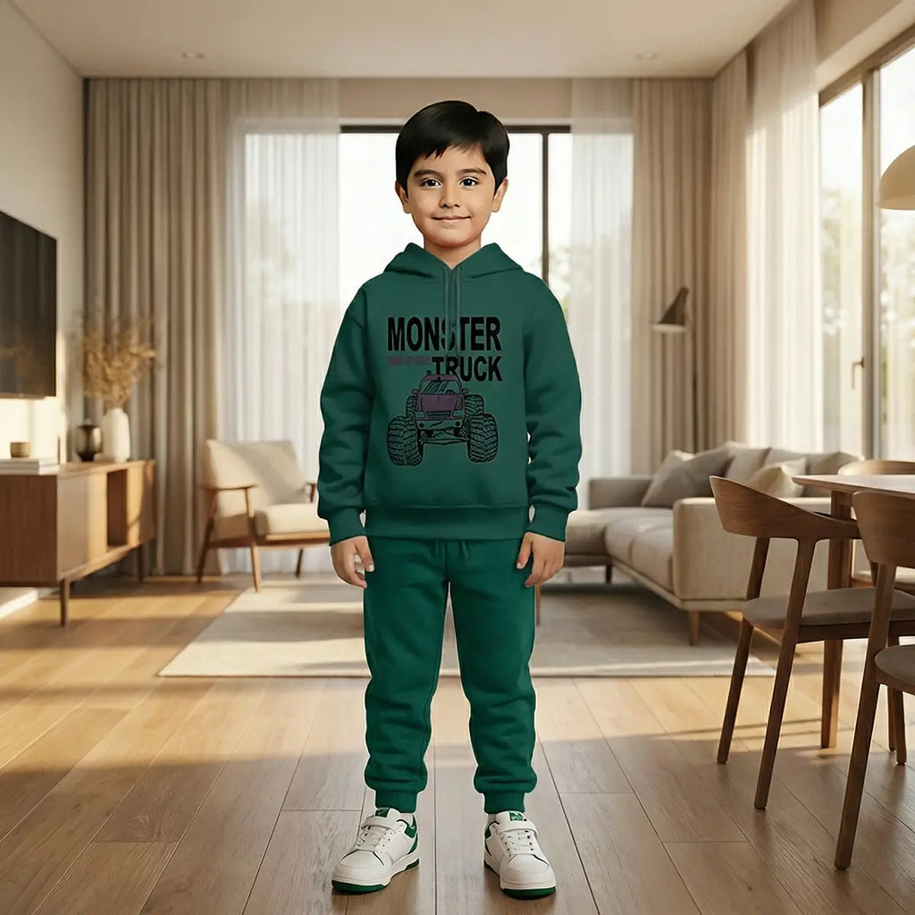 Boys Green Monster Truck Graphics Hoodies Sweatshirt With Joggers Sets 2 pc. Sets Green 1-2 Y