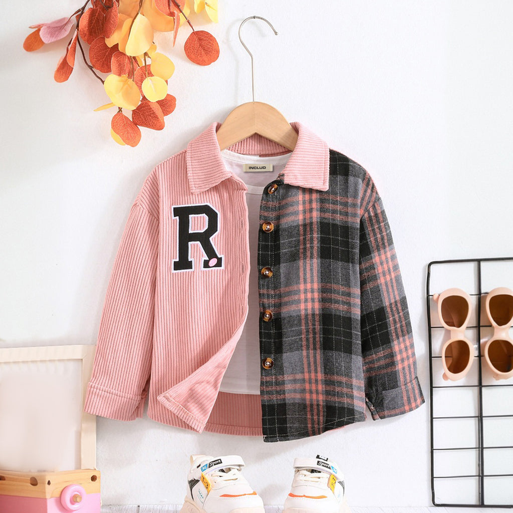 Boys Pink Corduroy & Flannel Panelled Full Sleeves Winter Shirt Shirts Pink 3-4 Y