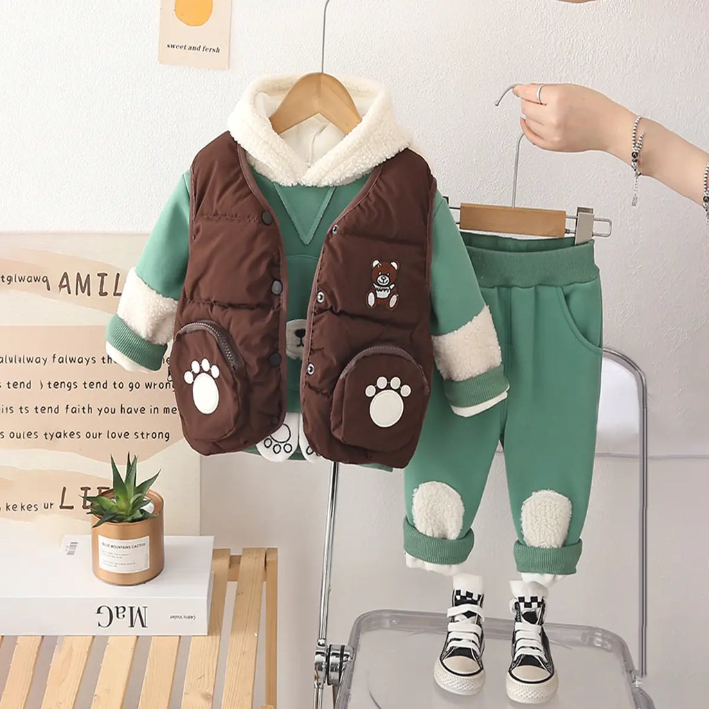 Boys Green Graphics Regular Sweatshirt With Sleeveless Jacket & Pants Sets 3 pc. Sets Green 1-2 Y