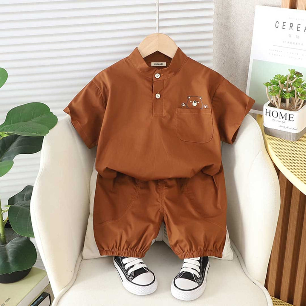 Boys Mandarin Collar Pocket Print T-Shirt With Shorts Set 2 pc. Sets Brown 1-2 Y 