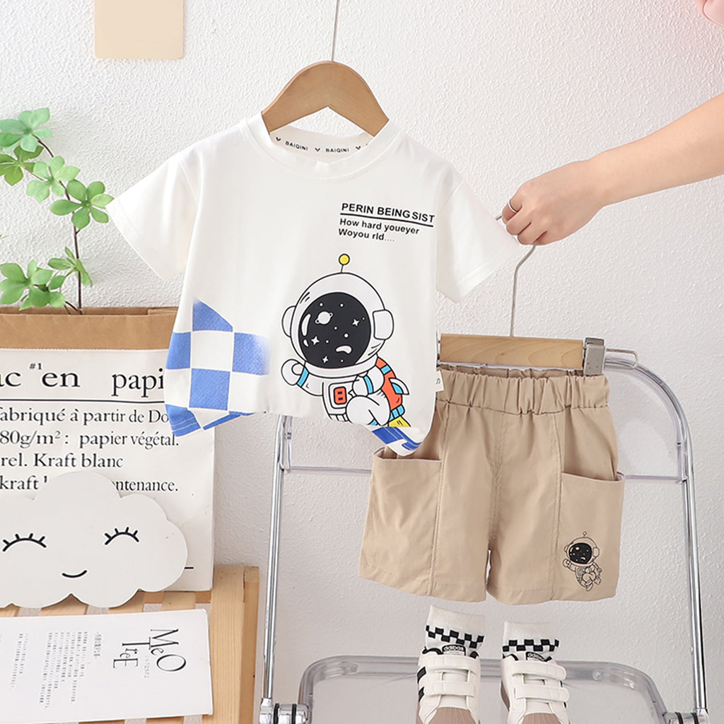 Boys Astronaut Printed White T-Shirt With Shorts Set 2 pc. Sets White 1-2 Y