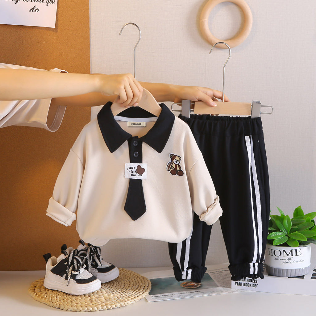 Boys Beige Solid Polo Neck Sweatshirt With Joggers Set 2 pc. Sets Beige 1-2 Y