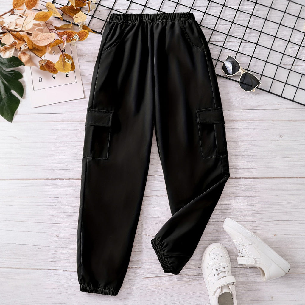 Boys Black Solid Elasticated Bottom Cargo Trouser Cargo Pants Black 7-8 Y