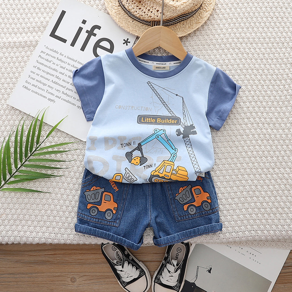 Boys Blue Crane Print Short Sleeve T-Shirt With Denim Shorts Set 2 pc. Sets Blue 1-2 Y