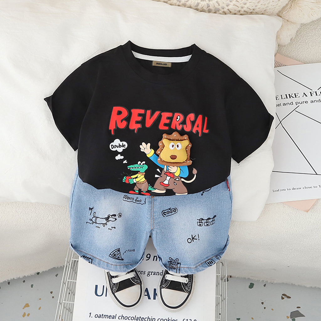 Boys Black Graphic Short Sleeves T-Shirt With Printed Denim Shorts Set 2 pc. Sets Black 1-2 Y