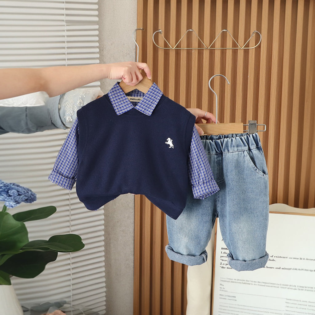 Boys Blue Solid Sleeveless Pullover With Checked Shirt & Denim Pants Set Sets Blue 1-2 Y