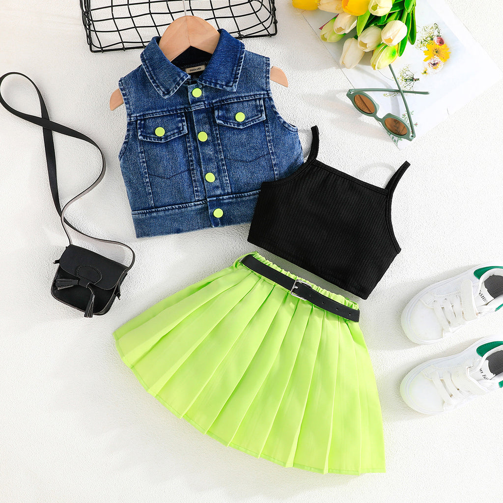 Girls Sleeveless Denim Jacket With Camisole Top And Green Pleated Skirt Set 3 pc. Sets Green 2-3 Y