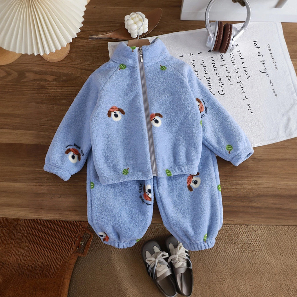 Boys Blue Fleece Puppy Cartoon Printed Zip-up Jacket With Jogger Co-ord Sets Sets Blue 1-2 Y