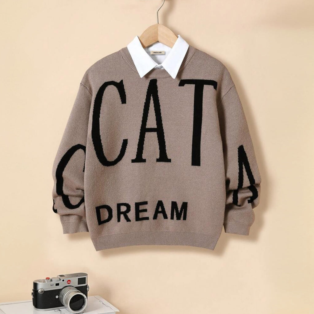 Girls Brown Cat Printed Winter Pullover Sweater Sweaters & Cardigans Brown 7-8 Y