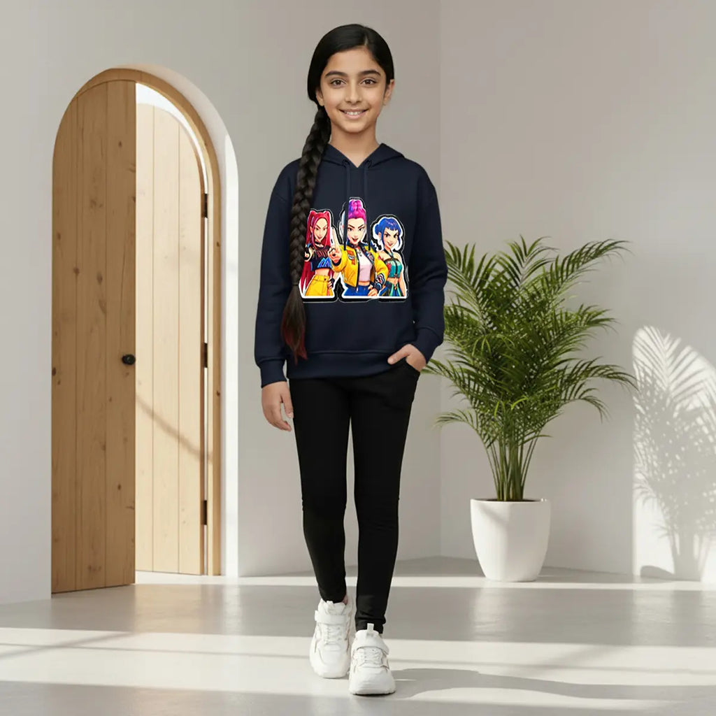 Girls Navy Blue K-Pop Graphics Hoodie Sweatshirts & Hoodies Navy Blue 1-2 Y