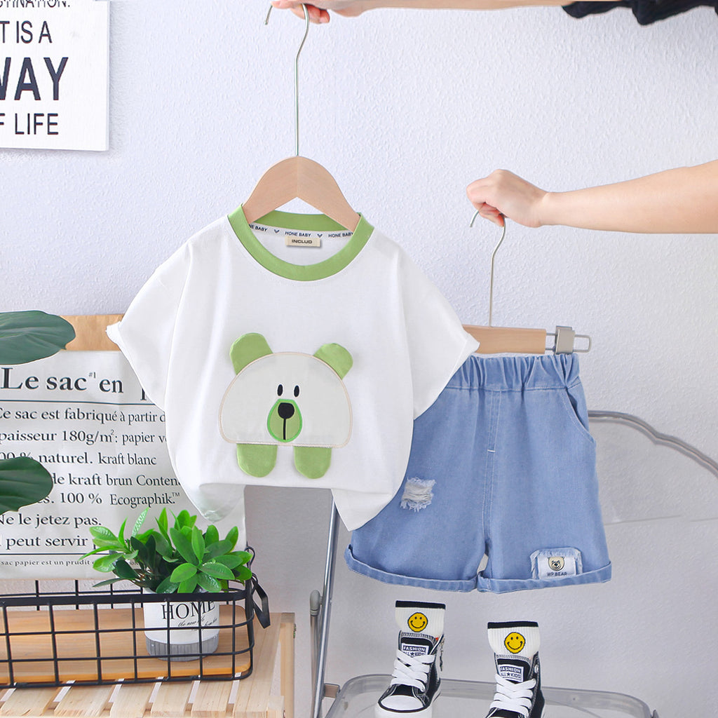 Boys Green Teddy Patch Short Sleeves T-Shirt With Denim Shorts set 2 pc. Sets Green 1-2 Y