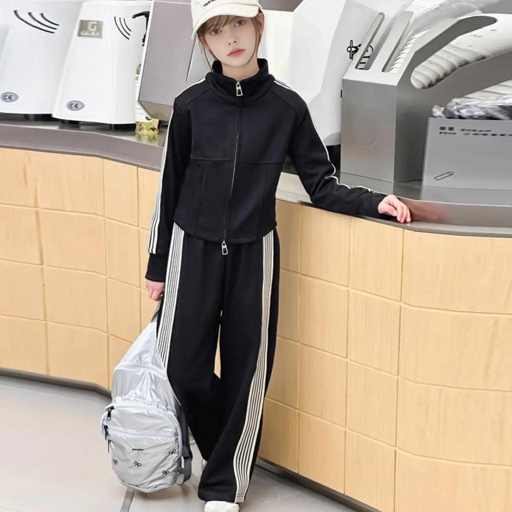 Girls Black Side Stripes Zipper jacket With Wide Leg Pant Sets Sets Black 5-6 Y