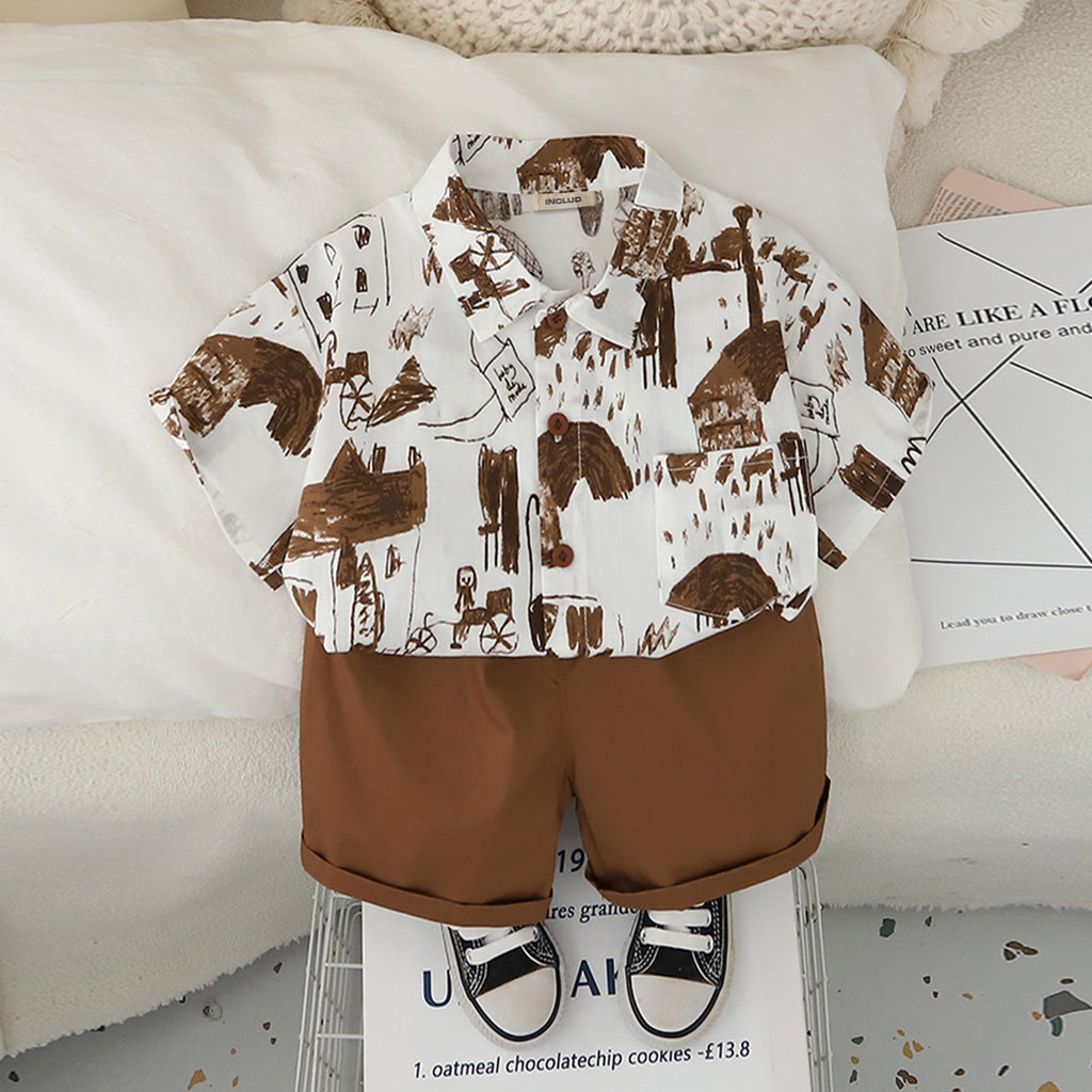 Boys Abstract Printed Short Sleeves Shirt With Brown Shorts Set 2 pc. Sets Brown 1-2 Y