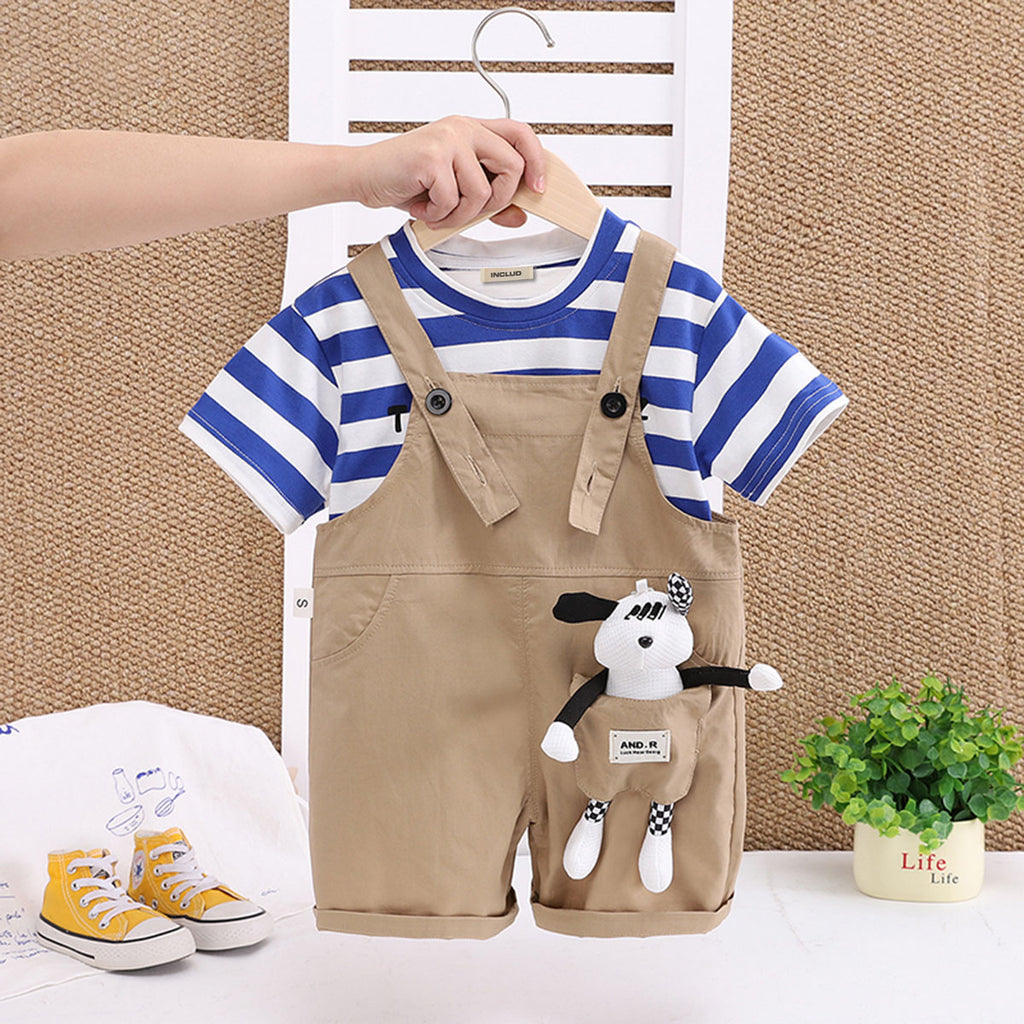 Boys Blue Stripes Short Sleeve T-Shirt And Dungaree Set With Teddy Applique 2 pc. Sets Blue 1-2 Y