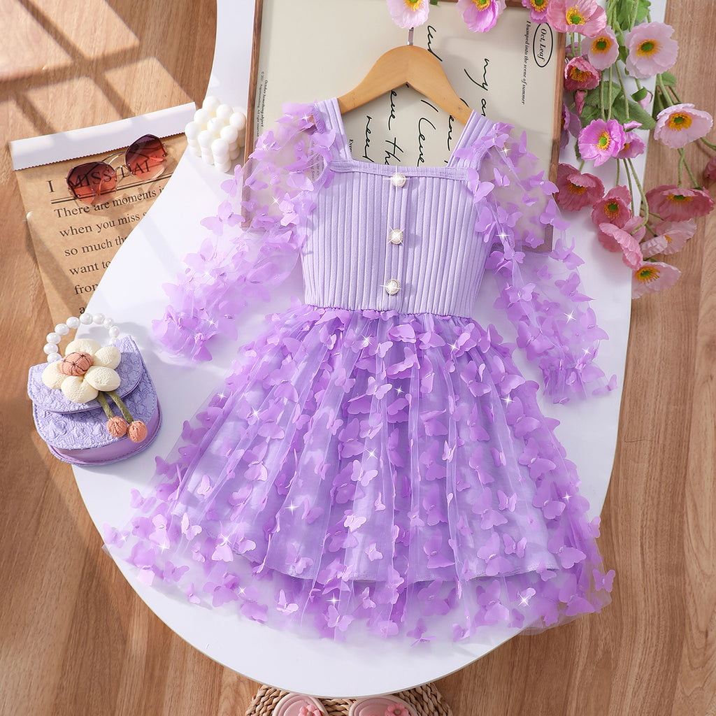 Girls Purple Butterfly Applique Tulle Overlay Fit & Flare Dress Casual Dresses Purple 3-4 Y