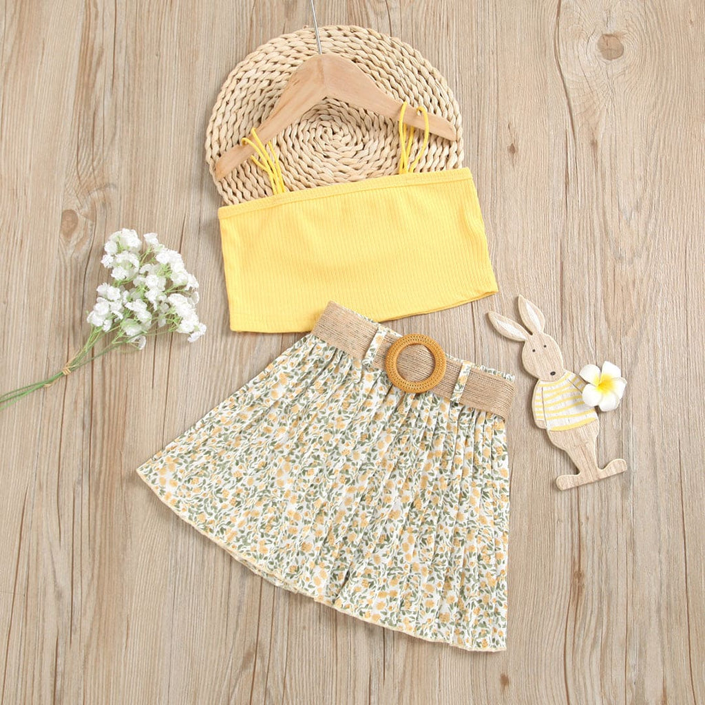Girls Camisole Top With Floral Printed Pleated Skirt Set Sets Yellow 1-2 Y